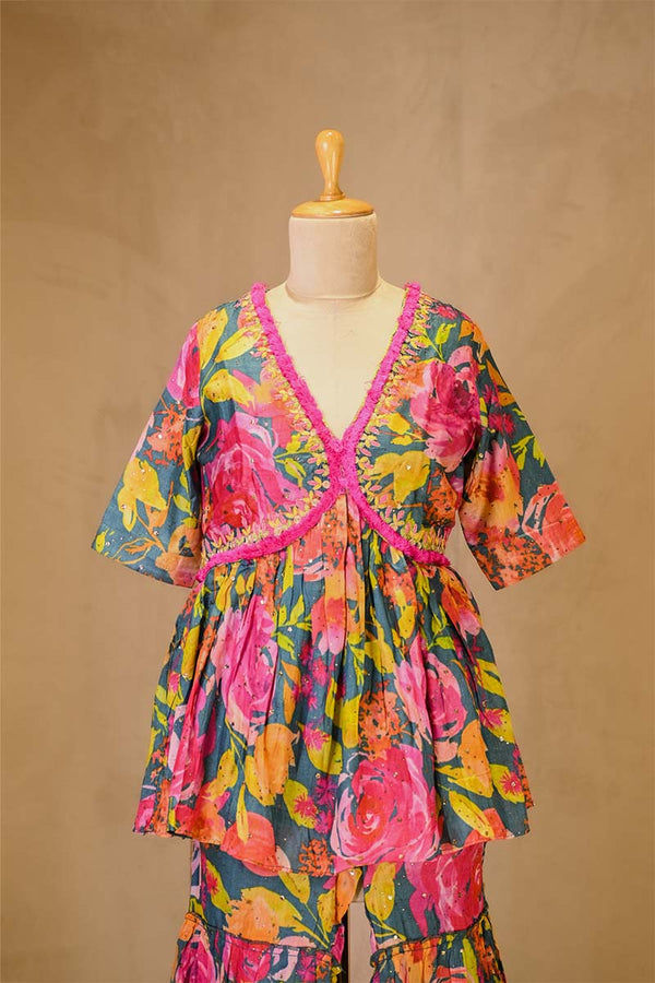 Multicolored Floral Printed Tussar Silk Co-Ord Set