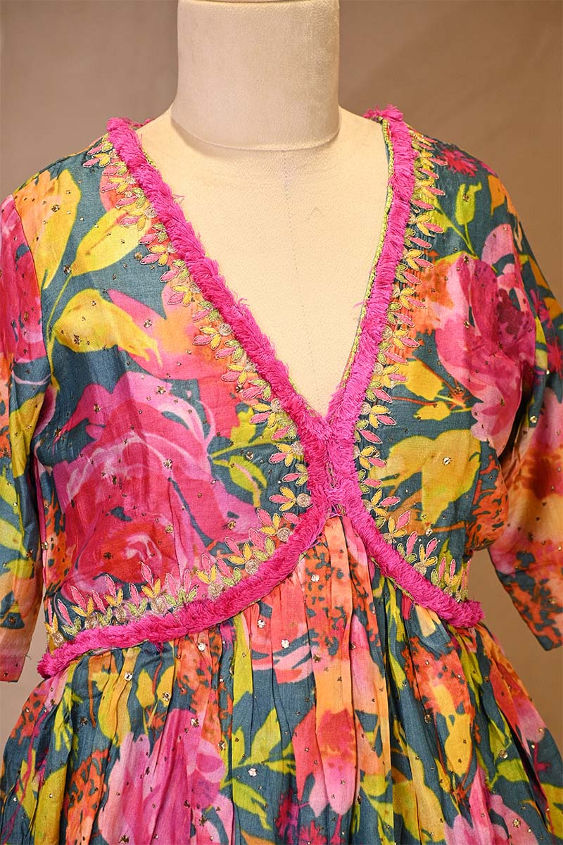 Multicolored Floral Printed Tussar Silk Co-Ord Set