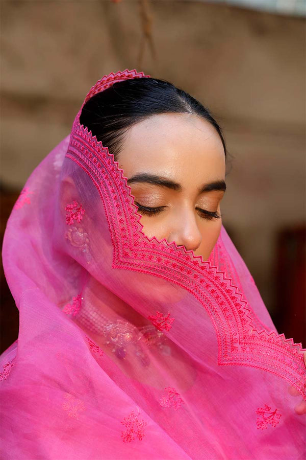 Magenta Pink Organza Suit Set with Chikankari Embroidery