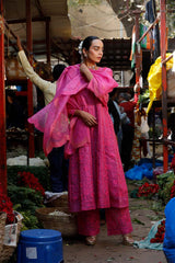 Magenta Pink Organza Suit Set with Chikankari Embroidery