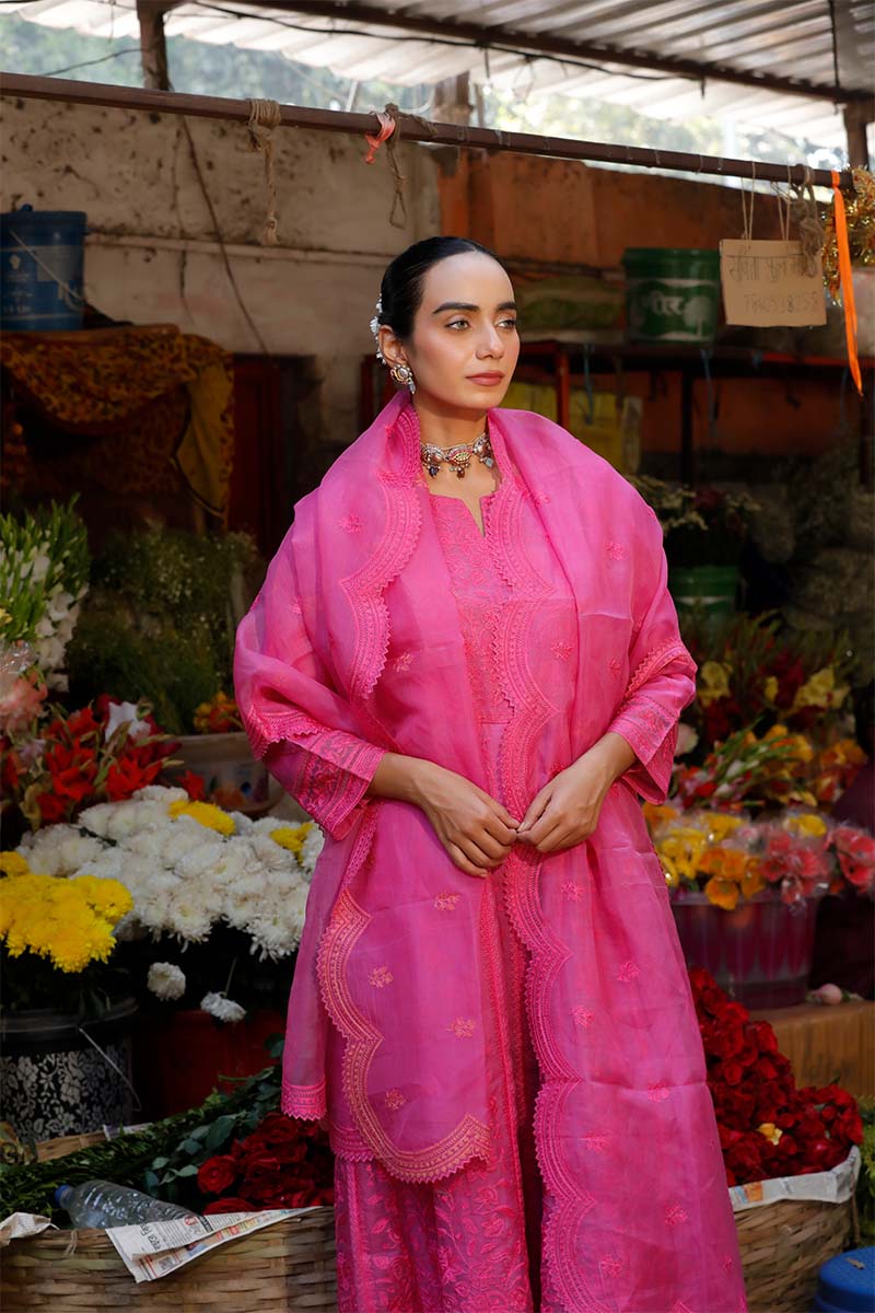 Magenta Pink Organza Suit Set with Chikankari Embroidery