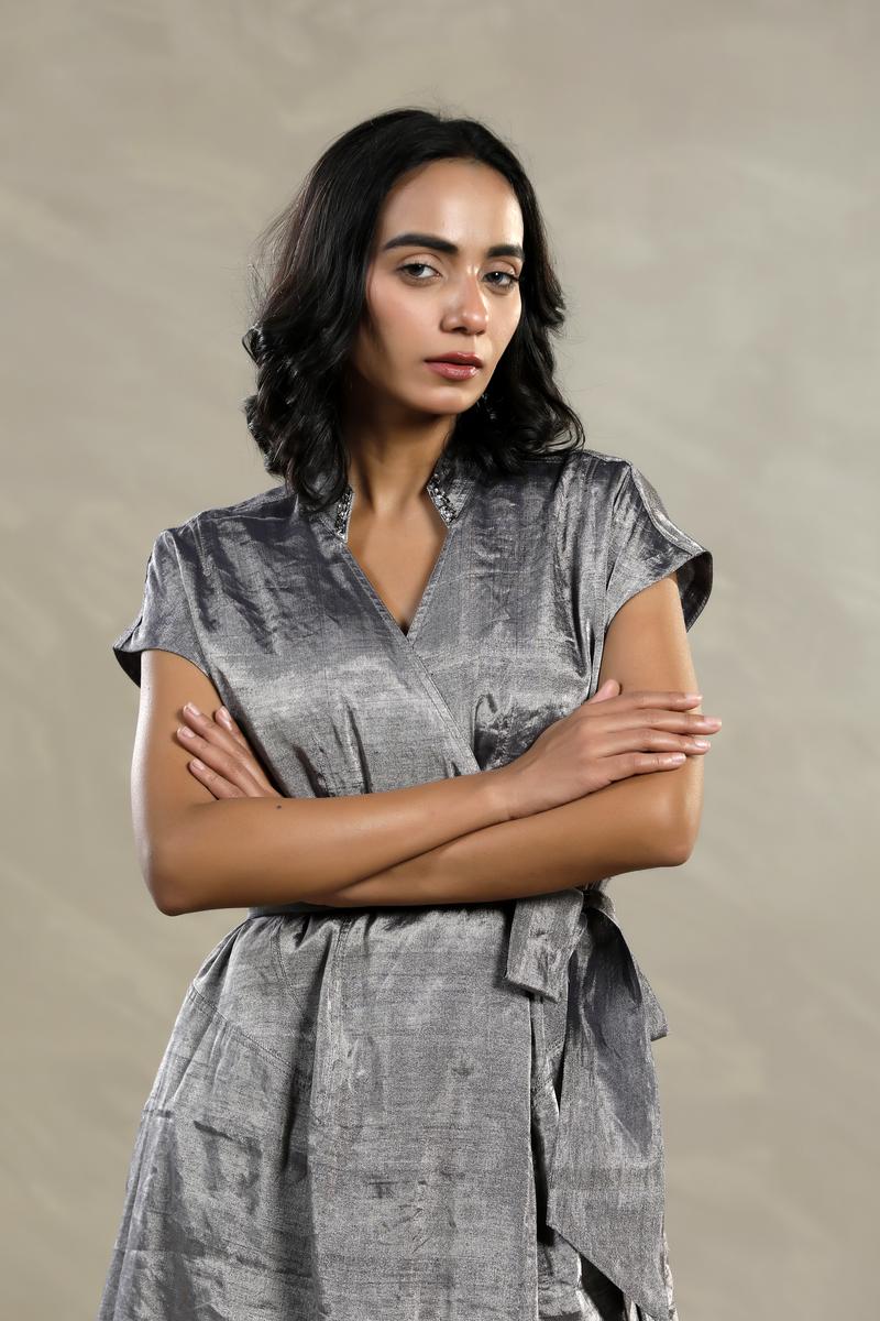 Silver Tissue Silk Cocktail Dress with Embellished Collar