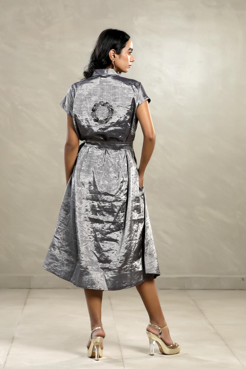 Silver Tissue Silk Cocktail Dress with Embellished Collar