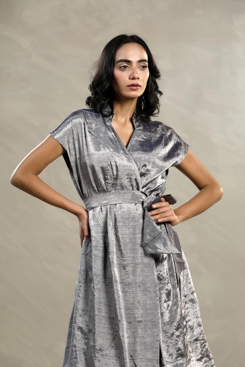 Silver Tissue Silk Cocktail Dress with Embellished Collar