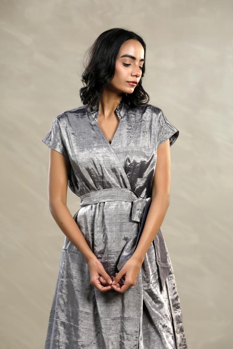 Silver Tissue Silk Cocktail Dress with Embellished Collar
