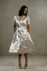 Silver Tissue Silk Cocktail Dress with Embellished Neckline