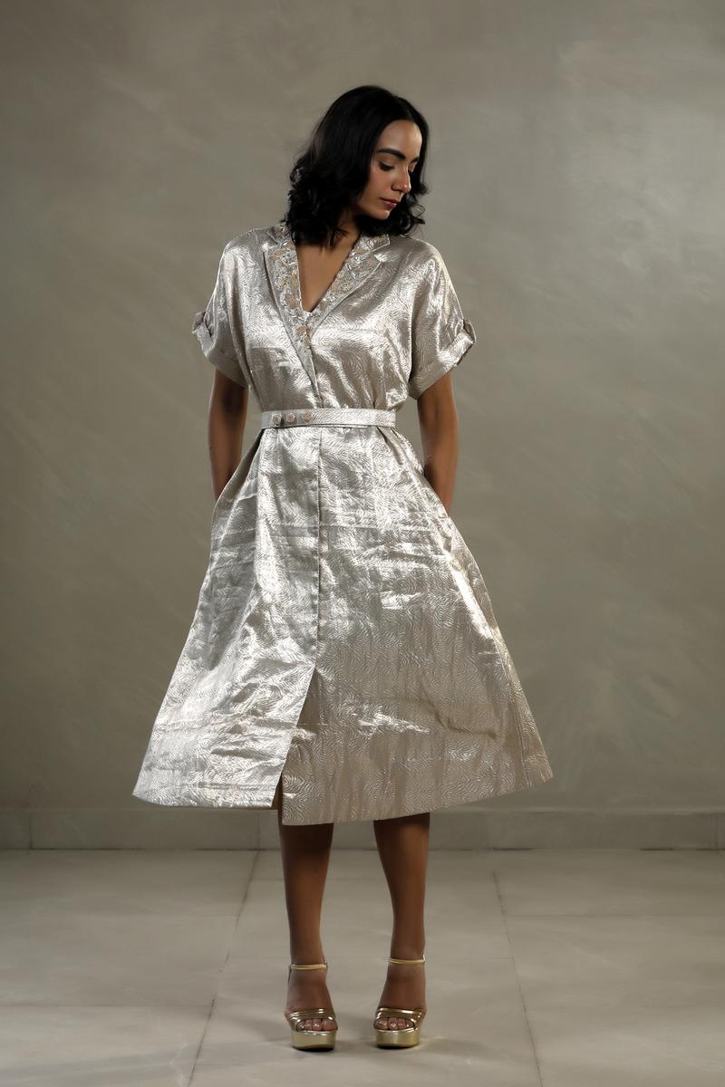Silver Tissue Silk Cocktail Dress with Embellished Neckline
