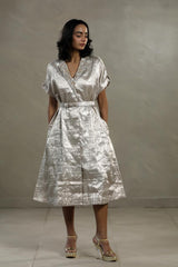 Silver Tissue Silk Cocktail Dress with Embellished Neckline