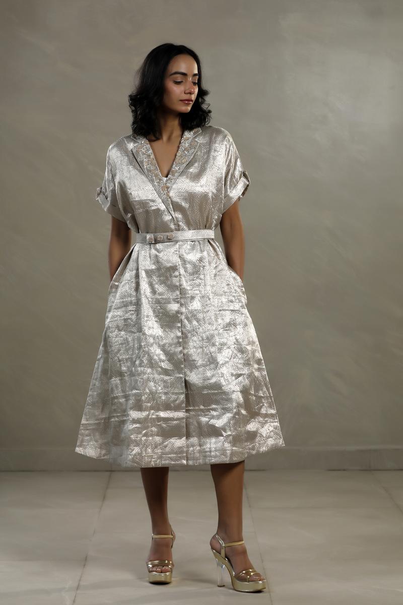 Silver Tissue Silk Cocktail Dress with Embellished Neckline