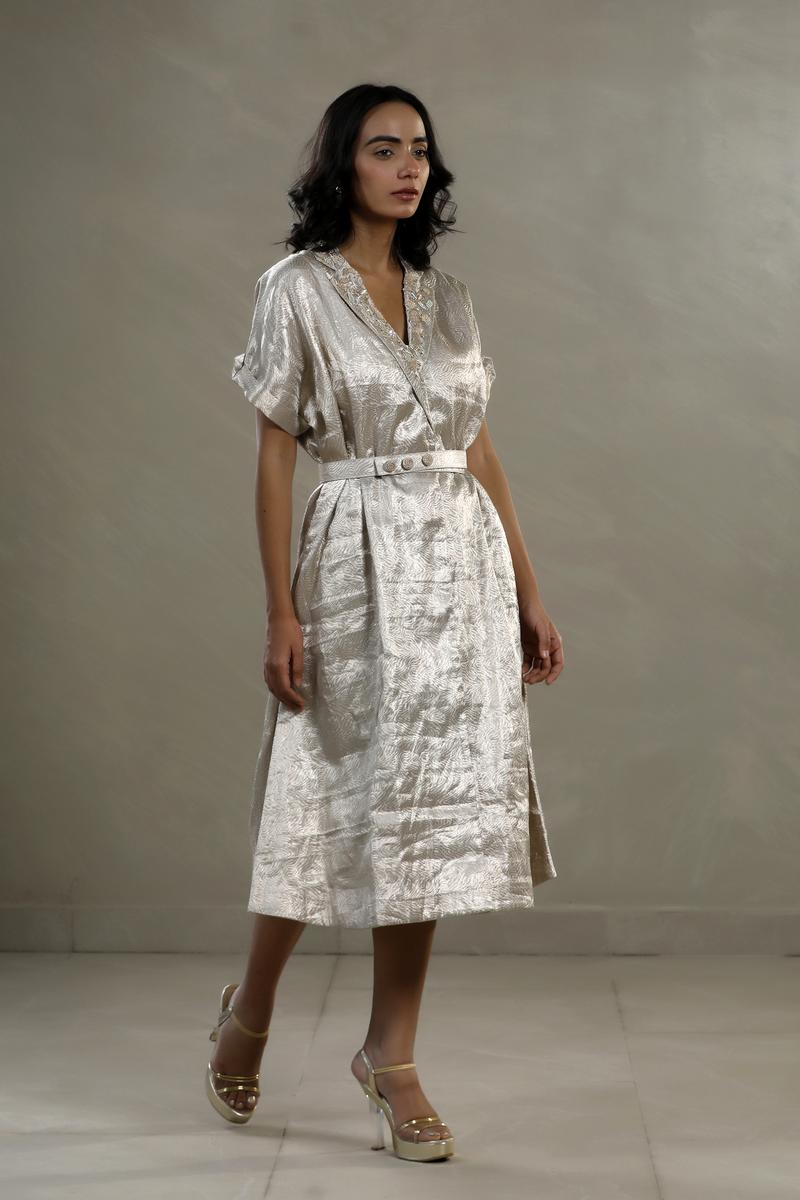Silver Tissue Silk Cocktail Dress with Embellished Neckline