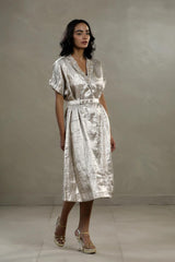Silver Tissue Silk Cocktail Dress with Embellished Neckline