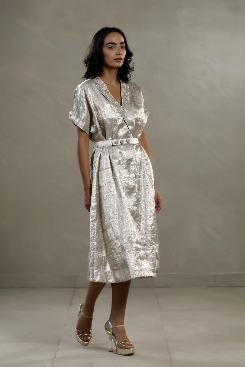 Silver Tissue Silk Cocktail Dress with Embellished Neckline