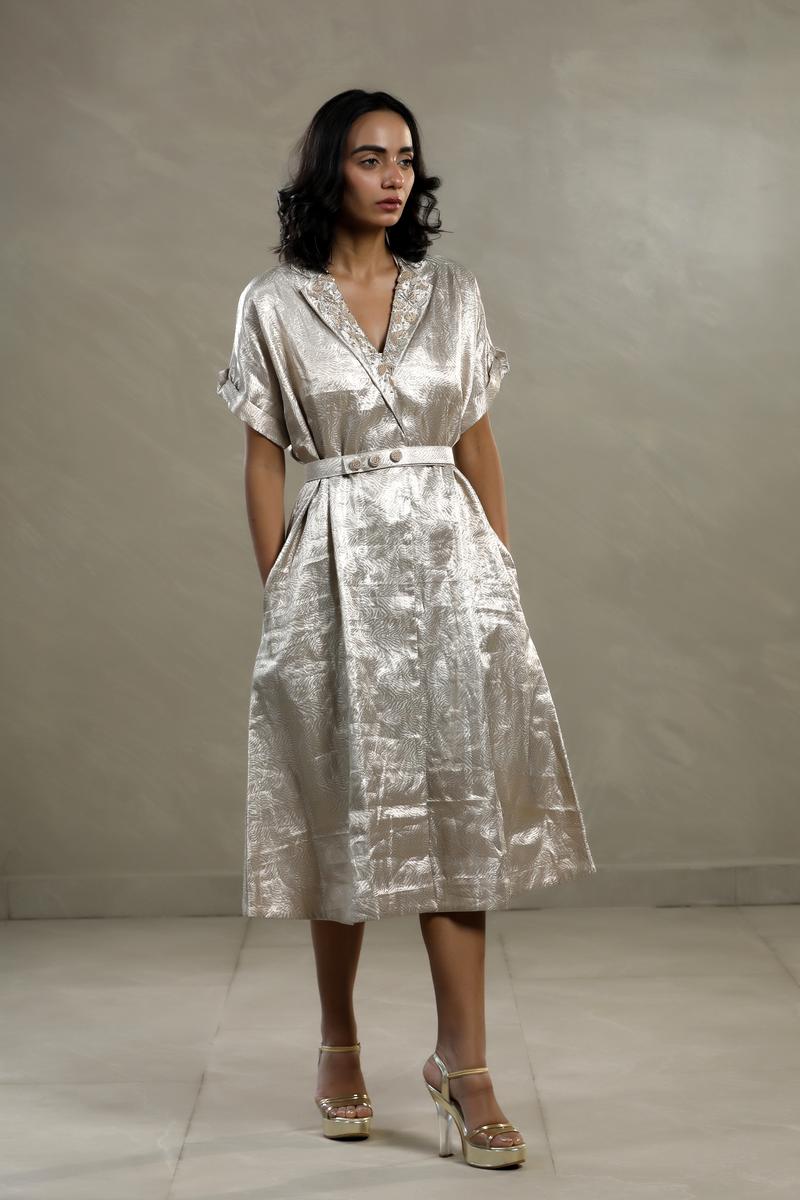 Silver Tissue Silk Cocktail Dress with Embellished Neckline
