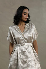 Silver Tissue Silk Cocktail Dress with Embellished Neckline