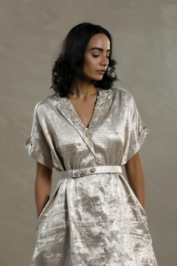 Silver Tissue Silk Cocktail Dress with Embellished Neckline