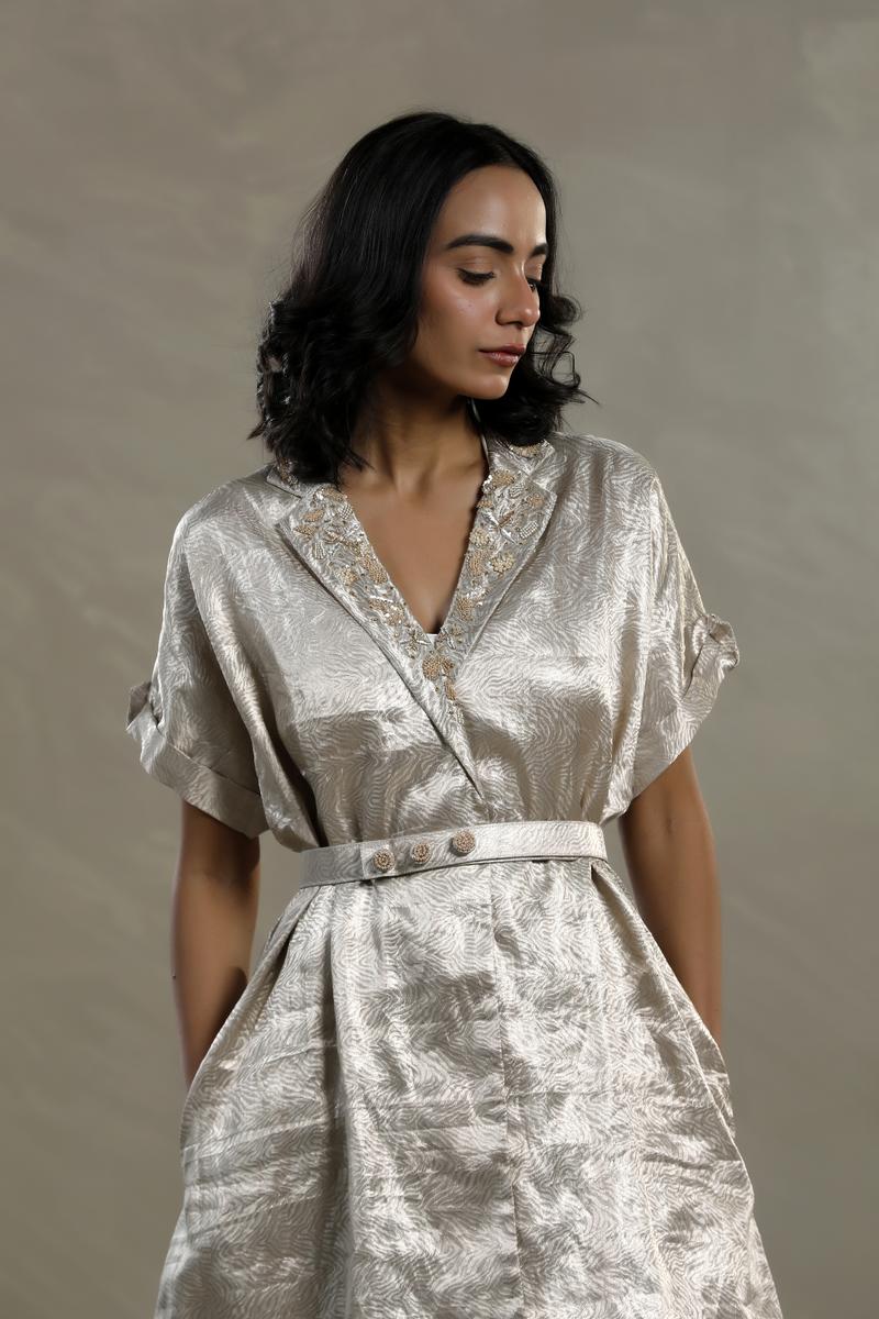 Silver Tissue Silk Cocktail Dress with Embellished Neckline
