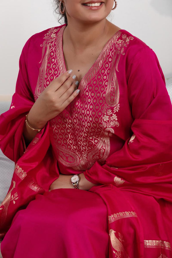 Raspberry Pink Katan Silk Salwar Suit Set with Intricate Zari Work