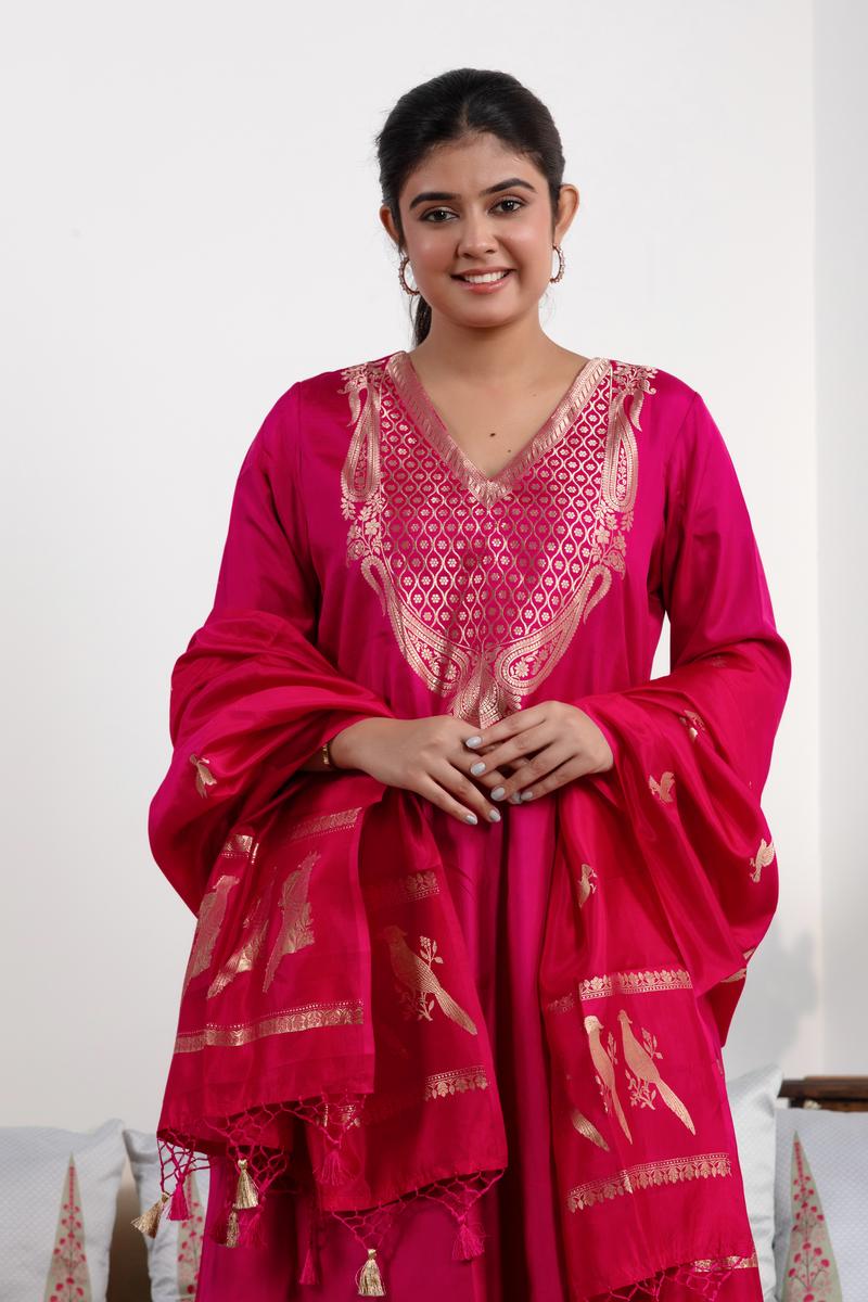 Raspberry Pink Katan Silk Salwar Suit Set with Intricate Zari Work