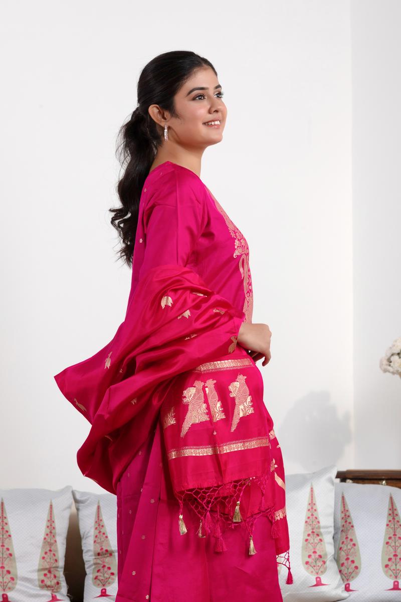 Raspberry Pink Katan Silk Salwar Suit Set with Intricate Zari Work