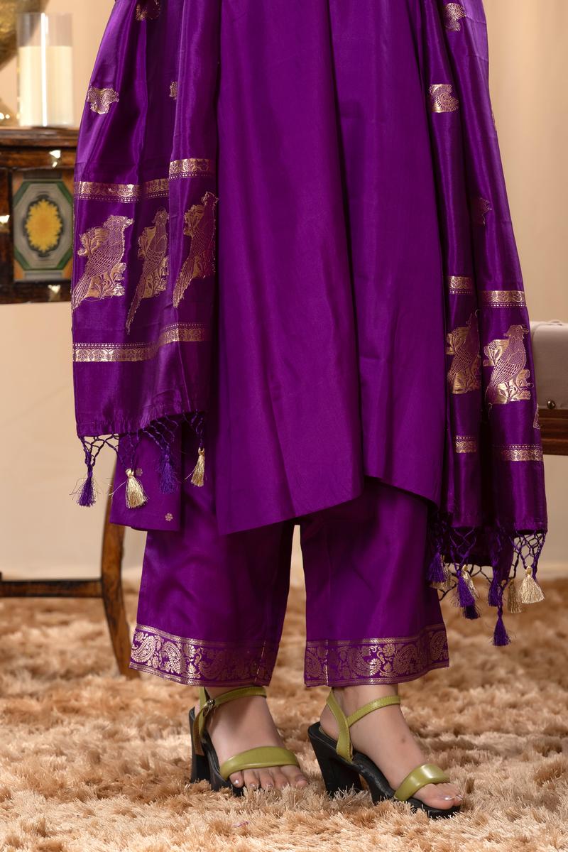 Purple Katan Silk Salwar Suit Set with Intricate Zari Work