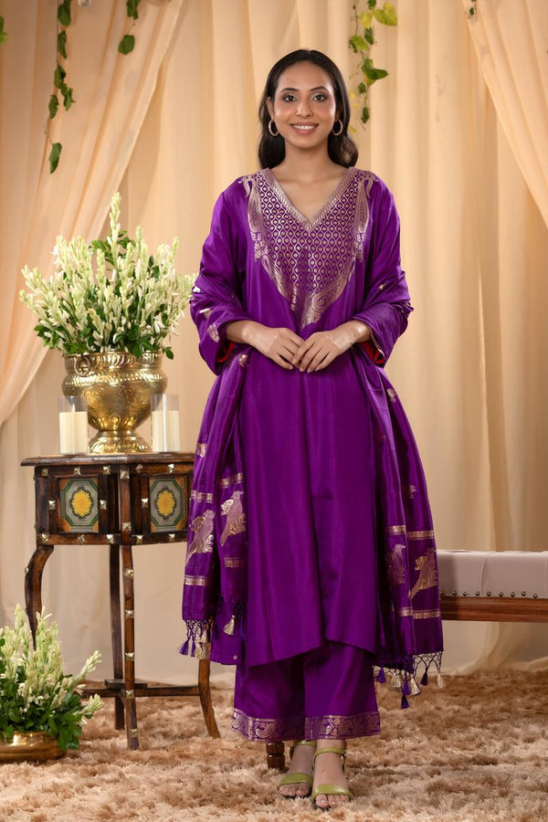 Purple Katan Silk Salwar Suit Set with Intricate Zari Work