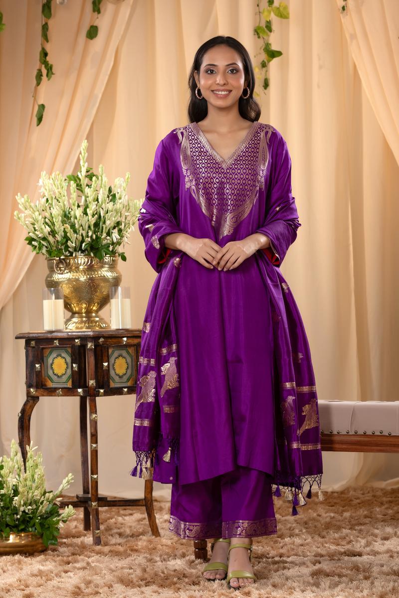 Purple Katan Silk Salwar Suit Set with Intricate Zari Work