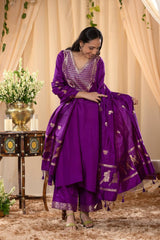 Purple Katan Silk Salwar Suit Set with Intricate Zari Work