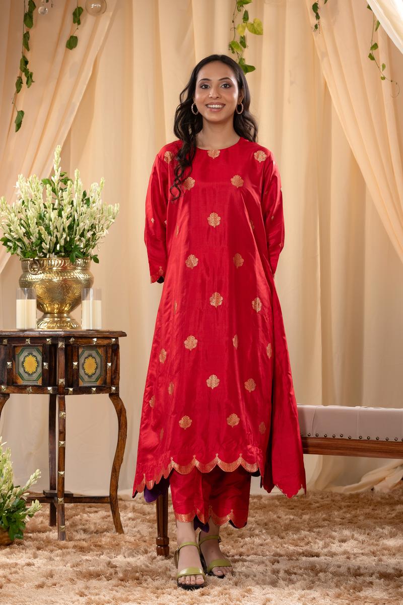 Red Banarasi Katan Silk Salwar Suit with Dupatta