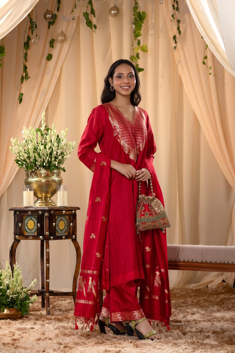 Red Katan Silk Salwar Suit Set with Intricate Zari Work