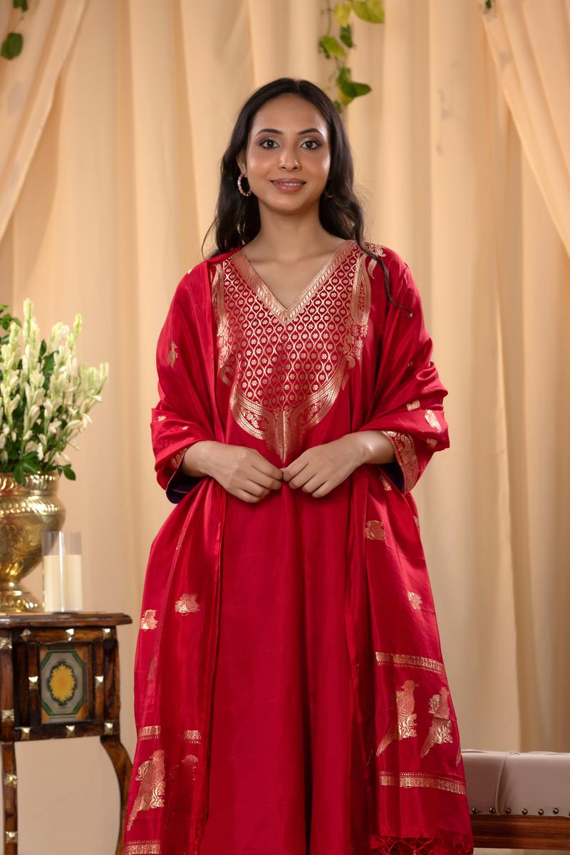 Red Katan Silk Salwar Suit Set with Intricate Zari Work
