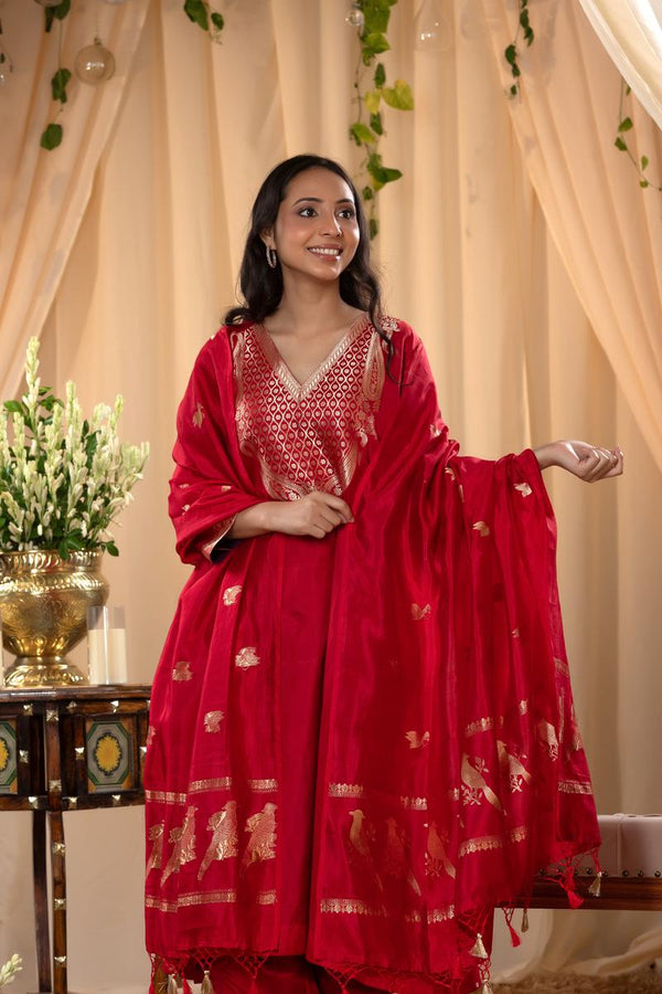 Red Katan Silk Salwar Suit Set with Intricate Zari Work