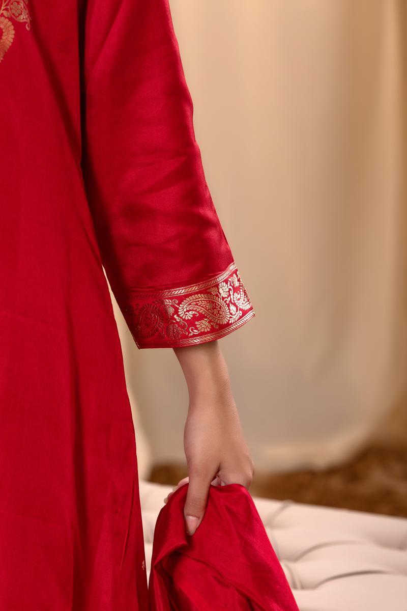 Red Katan Silk Salwar Suit Set with Intricate Zari Work