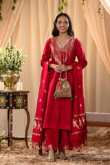 Red Katan Silk Salwar Suit Set with Intricate Zari Work