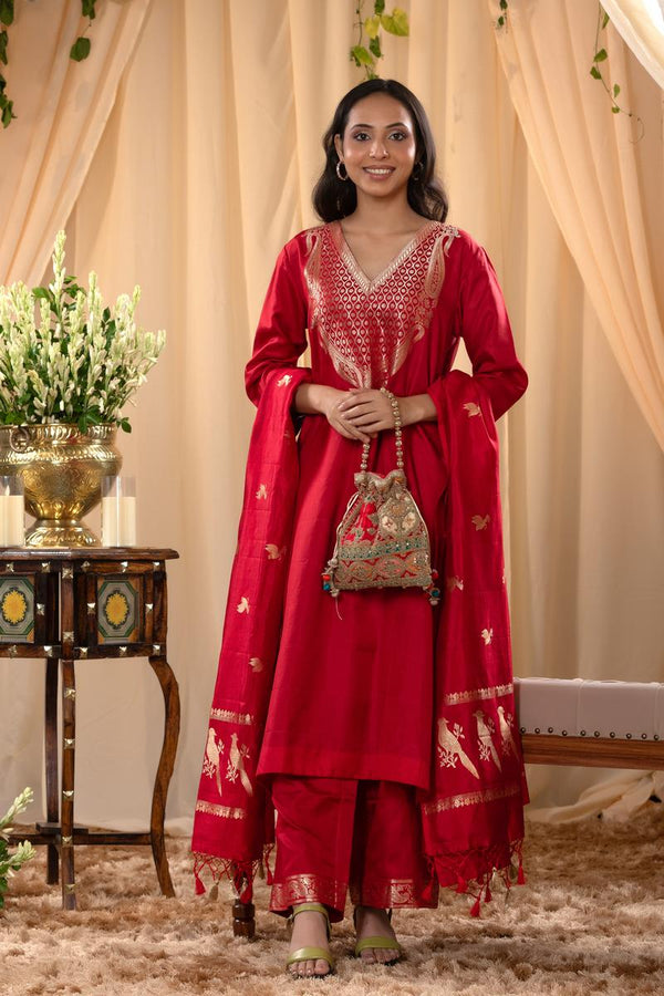 Red Katan Silk Salwar Suit Set with Intricate Zari Work