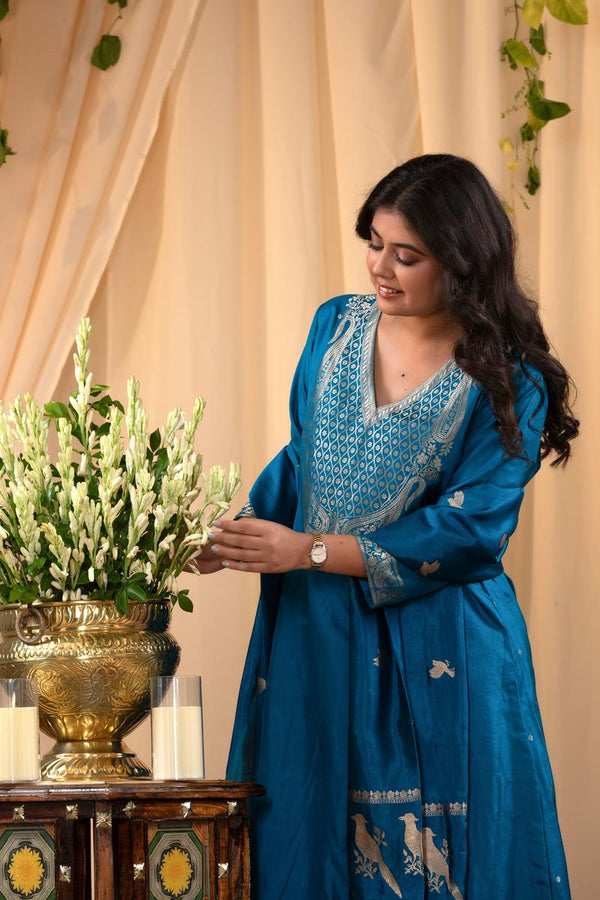 Blue Katan Silk Salwar Suit Set with Intricate Zari Work