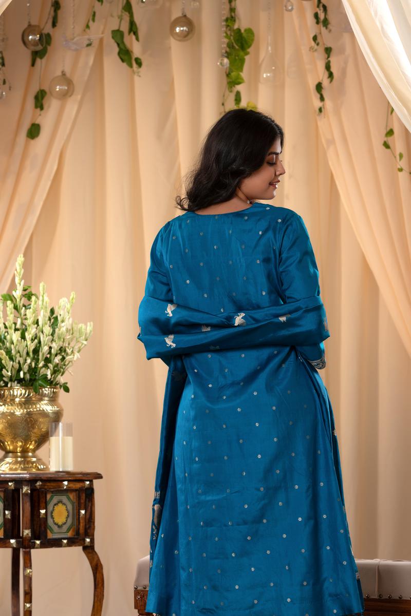Blue Katan Silk Salwar Suit Set with Intricate Zari Work