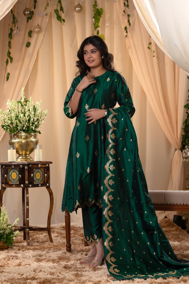 Bottle Green Banarasi Katan Silk Salwar Suit with Dupatta