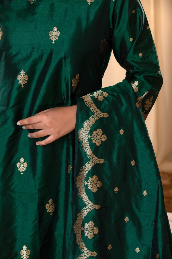 Bottle Green Banarasi Katan Silk Salwar Suit with Dupatta