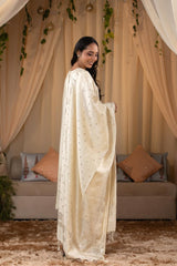 A woman in a traditional off white salwar suit and off white banarasi dupatta 