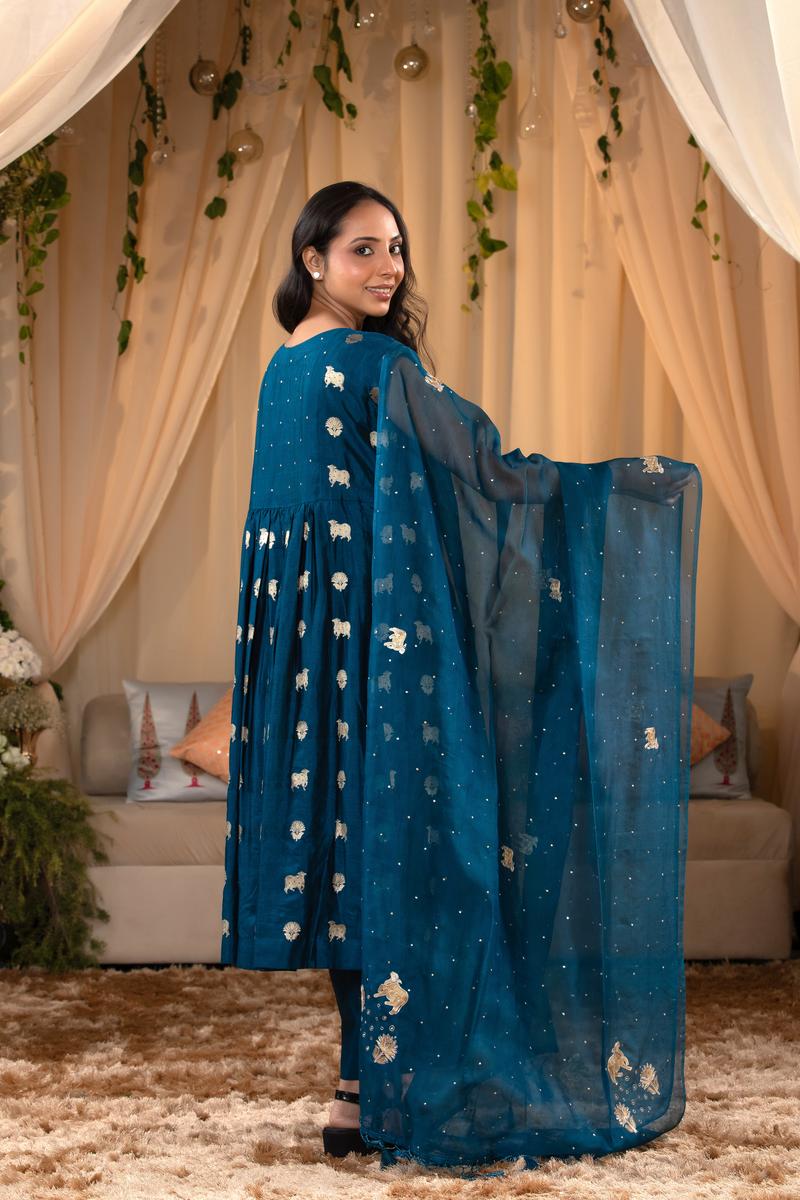 Peacock Blue Chiniya Silk Frock Suit with Pichwai Motifs
