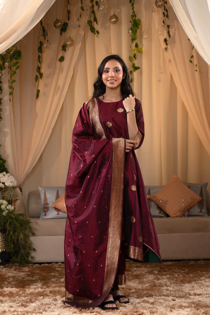 Maroon Banarasi Salwar Suit Set with Dupatta