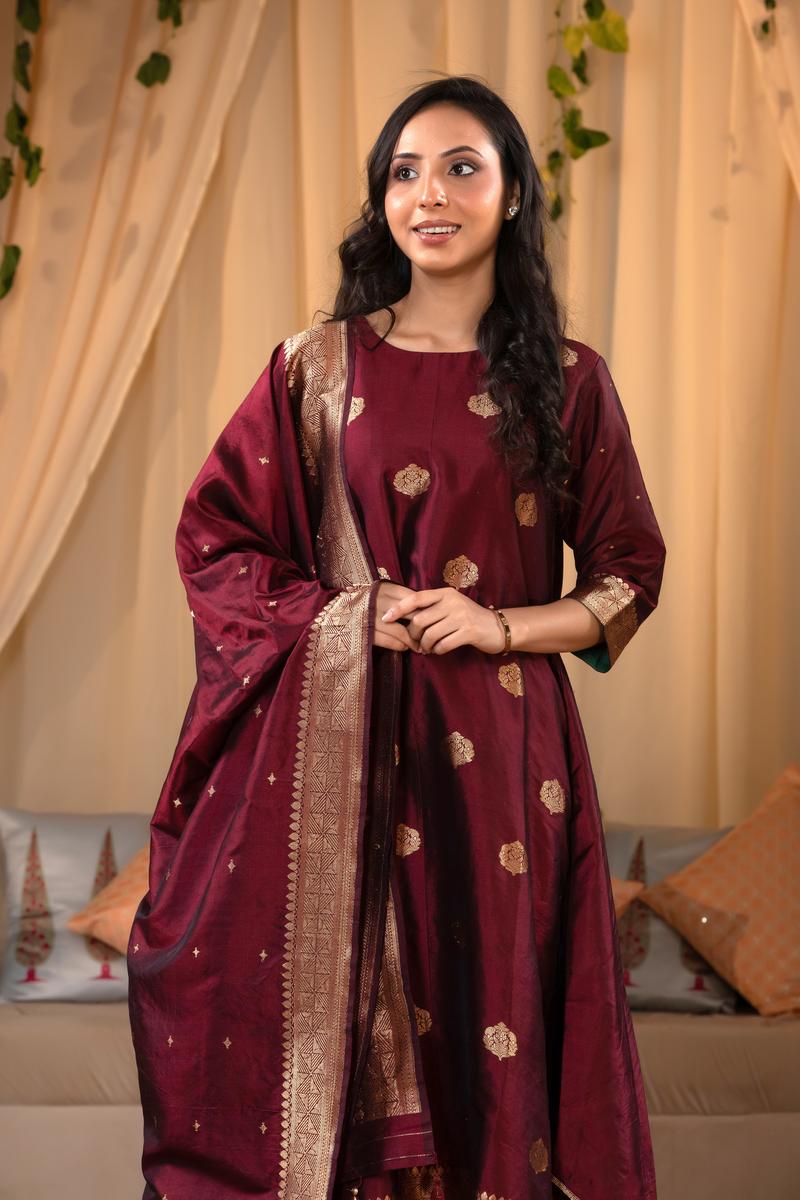 Maroon Banarasi Salwar Suit Set with Dupatta