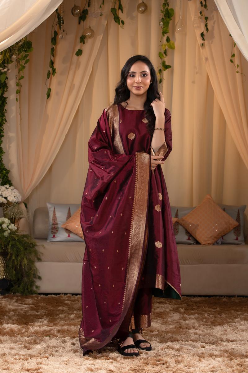 Maroon Banarasi Salwar Suit Set with Dupatta
