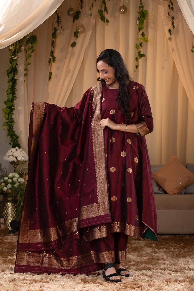 Maroon Banarasi Salwar Suit Set with Dupatta
