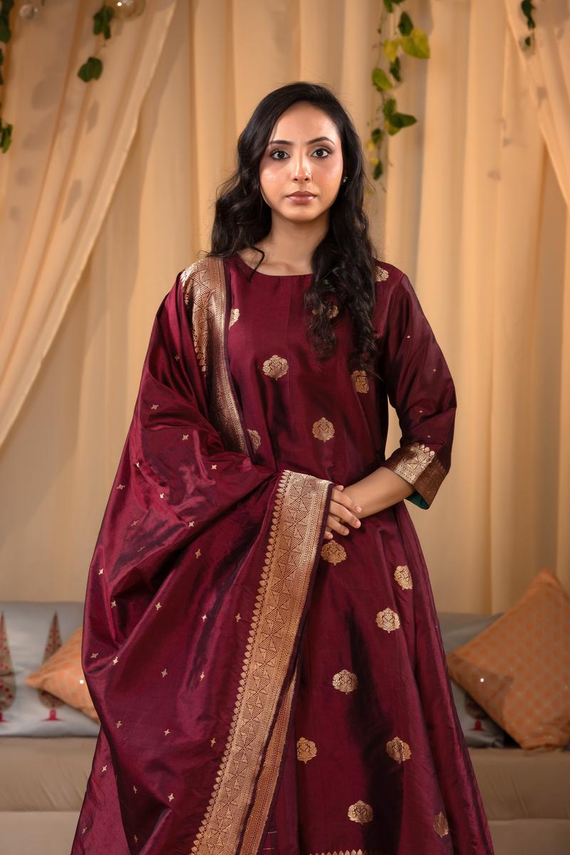 Maroon Banarasi Salwar Suit Set with Dupatta