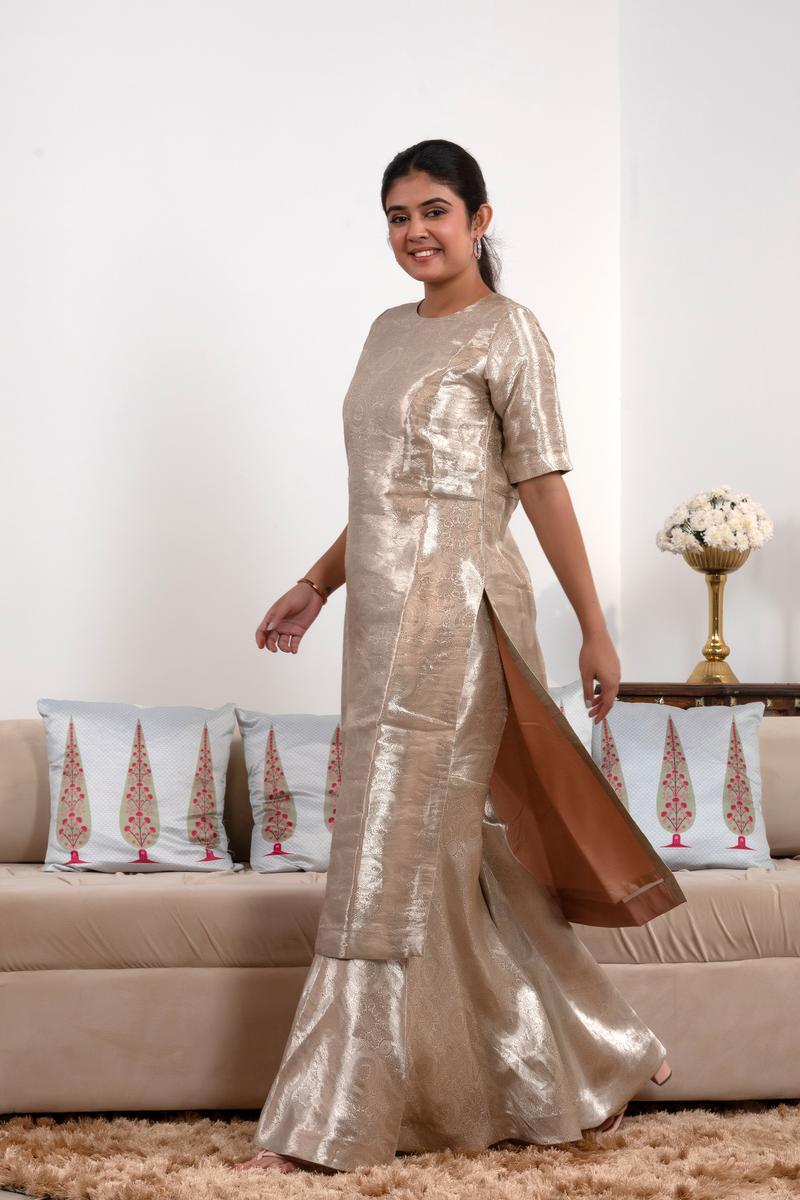 Silver Tissue Silk Sharara Suit with Tanchoi Floral Brocade Fabric