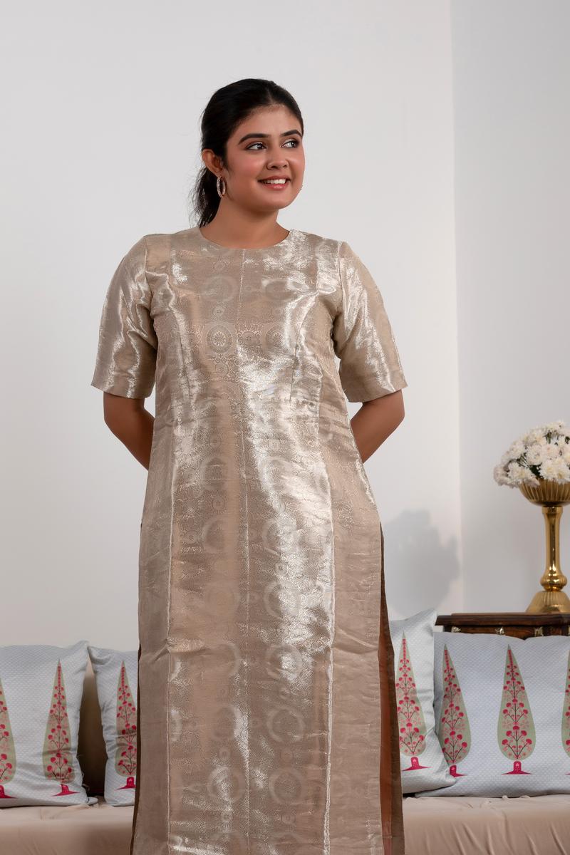 Silver Tissue Silk Sharara Suit with Tanchoi Floral Brocade Fabric