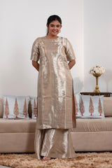 Silver Tissue Silk Sharara Suit with Tanchoi Floral Brocade Fabric