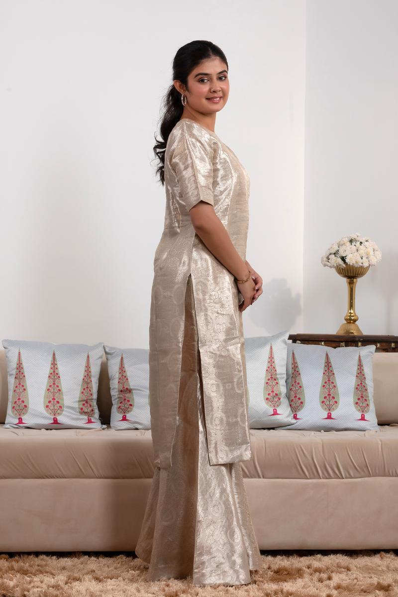 Silver Tissue Silk Sharara Suit with Tanchoi Floral Brocade Fabric
