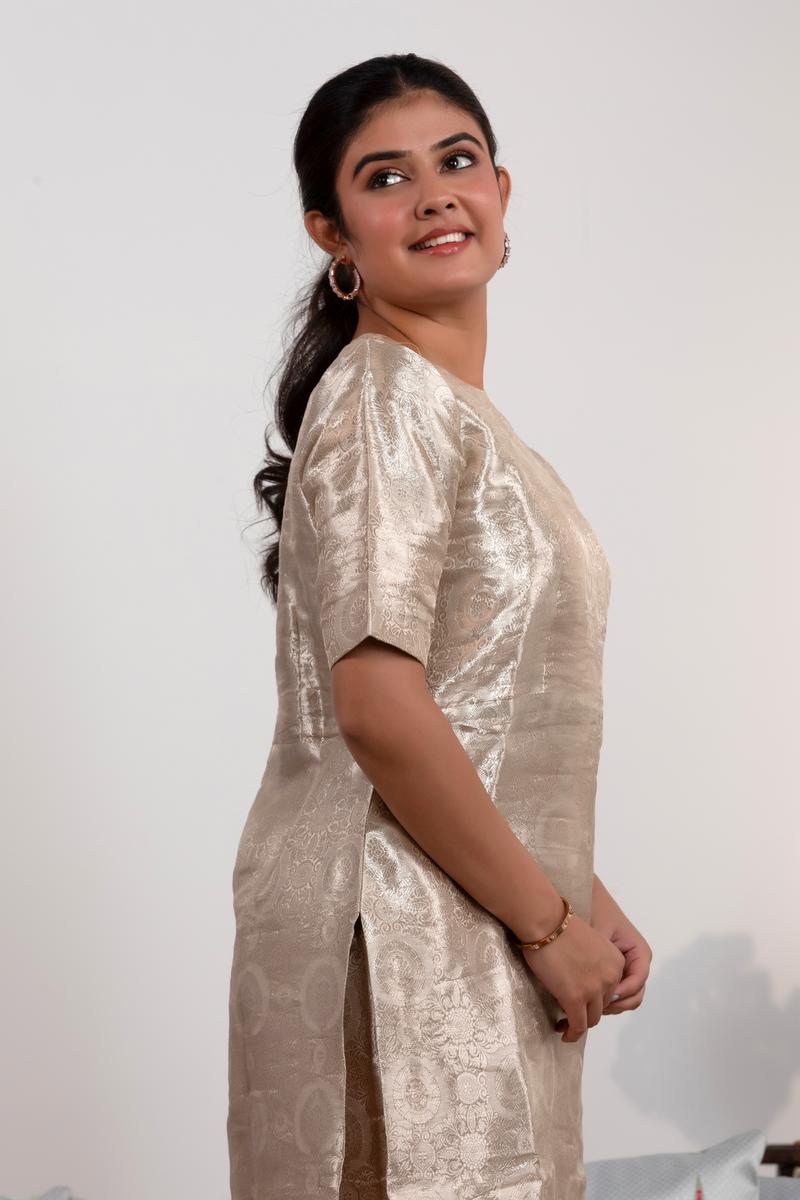 Silver Tissue Silk Sharara Suit with Tanchoi Floral Brocade Fabric